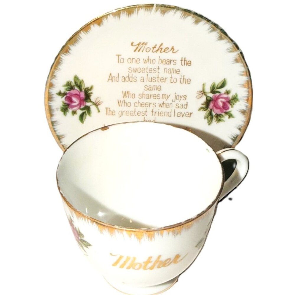 Japan Mother Demitasse Tea Cup Saucer Rose Poem Gold Trim C266 VTG MCM Mom Gift